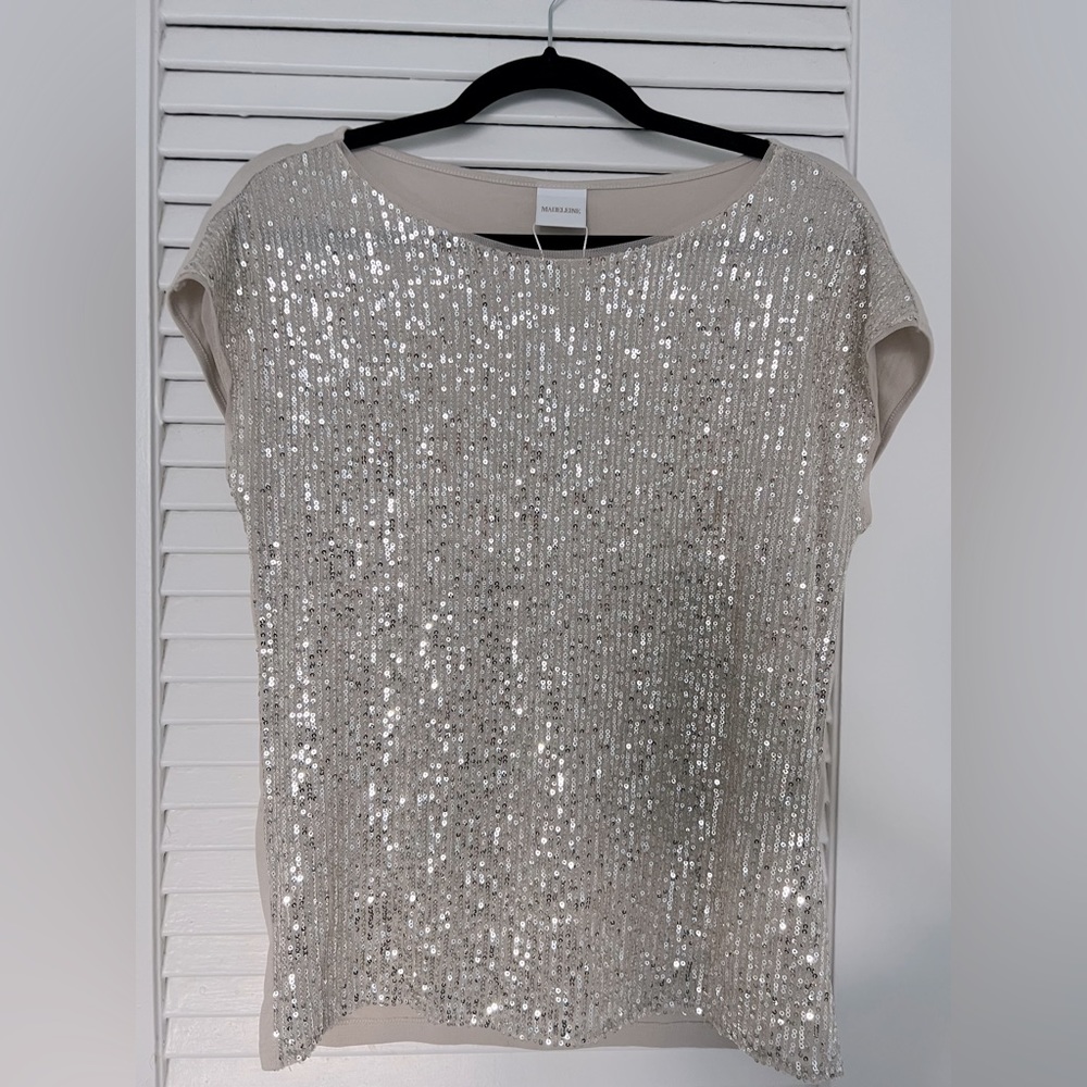 Sequin t Shirt, size M-L, silver/beige